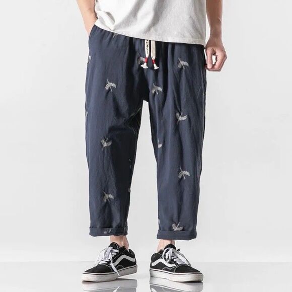 Mr DoNoo Do Noo Pants Embroidered Crane Pockets Japanese Cotton Jogger - Picture 1 of 12